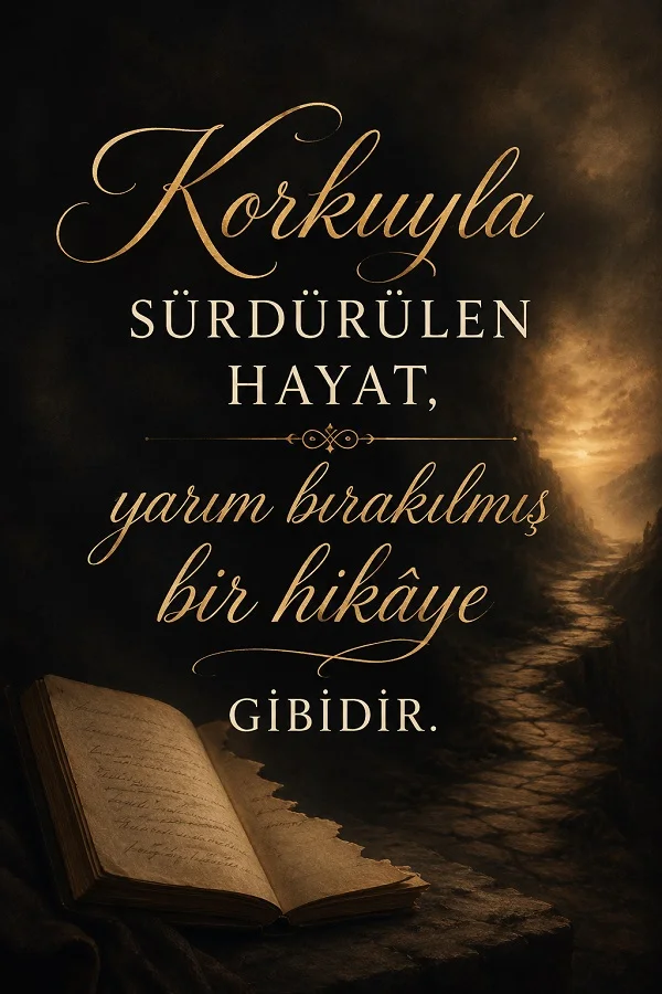 Karanlık bir yol ve açık kitap eşliğinde “Korkuyla sürdürülen hayat, yarım bırakılmış bir hikâye gibidir.” sözü yer alıyor.