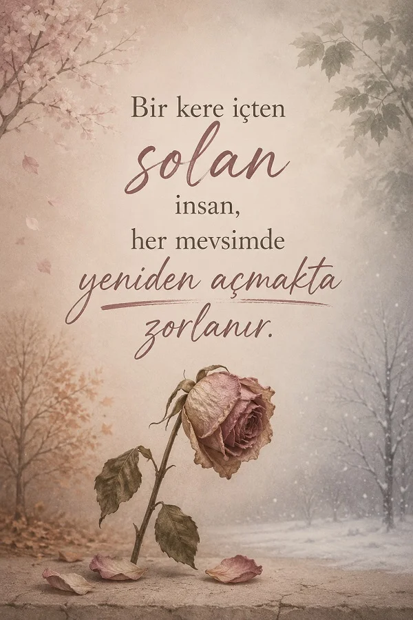 Solmuş bir gülün bulunduğu hüzünlü arka planda “Bir kere içten solan insan, her mevsimde yeniden açmakta zorlanır.” sözü yazıyor.