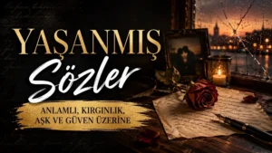 Yaşanmış Sözler başlıklı, solmuş gül, eski mektup, mum ışığı, yağmurlu pencere ve kırık cam detaylarıyla hazırlanmış duygusal kapak görseli.
