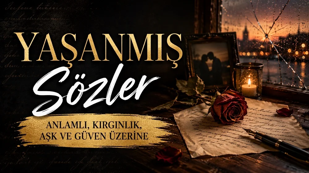 Yaşanmış Sözler başlıklı, solmuş gül, eski mektup, mum ışığı, yağmurlu pencere ve kırık cam detaylarıyla hazırlanmış duygusal kapak görseli.