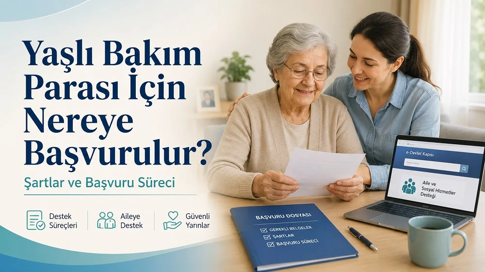Yaşlı bakım parası başvuru sürecini anlatan, yaşlı bir kadın ve yakınının belgeleri incelediği profesyonel kapak görseli.