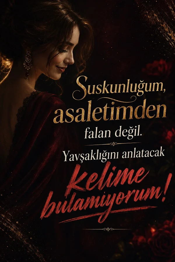 Karanlık arka planda bordo kıyafetli bir kadın yan profilden görülüyor. Görselde “Suskunluğum asaletimden falan değil. Yavşaklığını anlatacak kelime bulamıyorum!” yazısı yer alıyor.