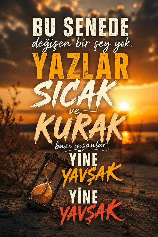 Gün batımında deniz kenarında duran bir kum saati görülüyor. Görselde “Bu senede değişen bir şey yok. Yazlar sıcak ve kurak, bazı insanlar yine yavşak yine yavşak” yazısı yer alıyor.