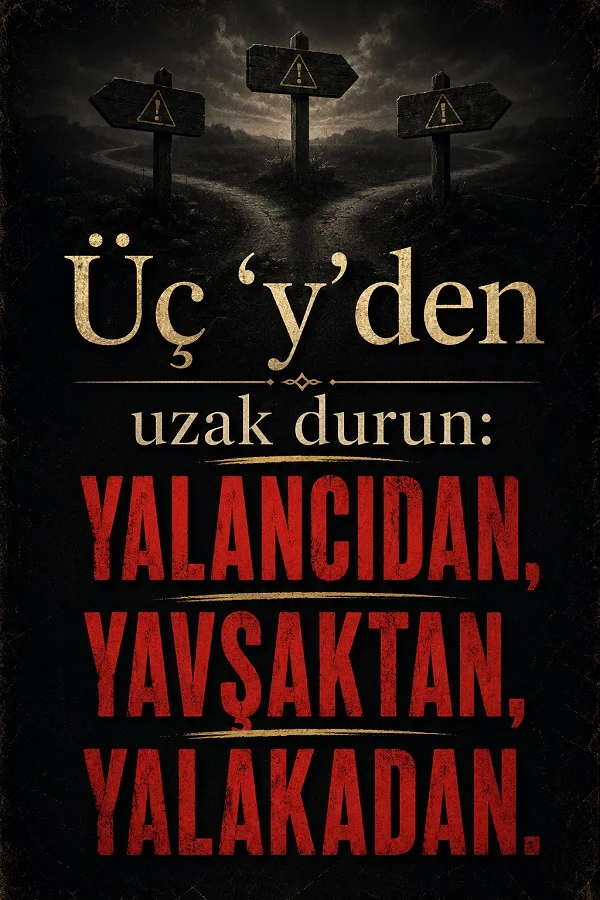 Sisli ve karanlık bir yol ayrımında uyarı işaretli tabelalar bulunuyor. Görselde “Üç ‘y’den uzak durun: yalancıdan, yavşaktan, yalakadan” yazısı yer alıyor.