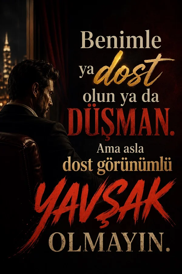 Karanlık bir odada, pencere kenarında oturan takım elbiseli bir erkek şehir ışıklarına bakıyor. Görselde “Benimle ya dost olun ya da düşman. Ama asla dost görünümlü yavşak olmayın” yazısı bulunuyor.