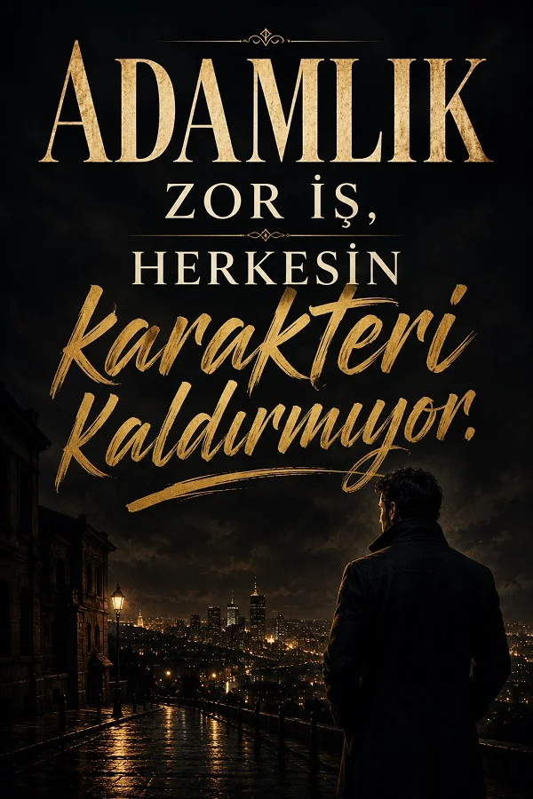 Karanlık bir şehir manzarasına doğru bakan paltolu bir erkek arkadan görülüyor. Üst bölümde “Adamlık zor iş, herkesin karakteri kaldırmıyor” yazısı yer alıyor.