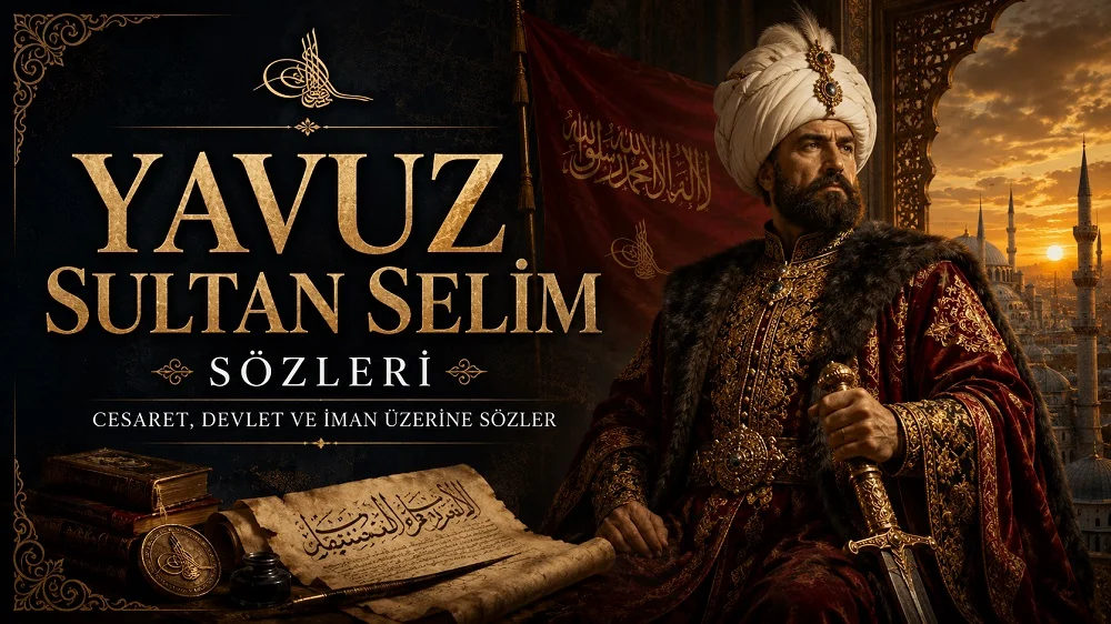 Yavuz Sultan Selim Sözleri başlıklı, Osmanlı padişahı figürü, sancak, tarihi belgeler ve cami siluetiyle hazırlanmış kapak görseli.