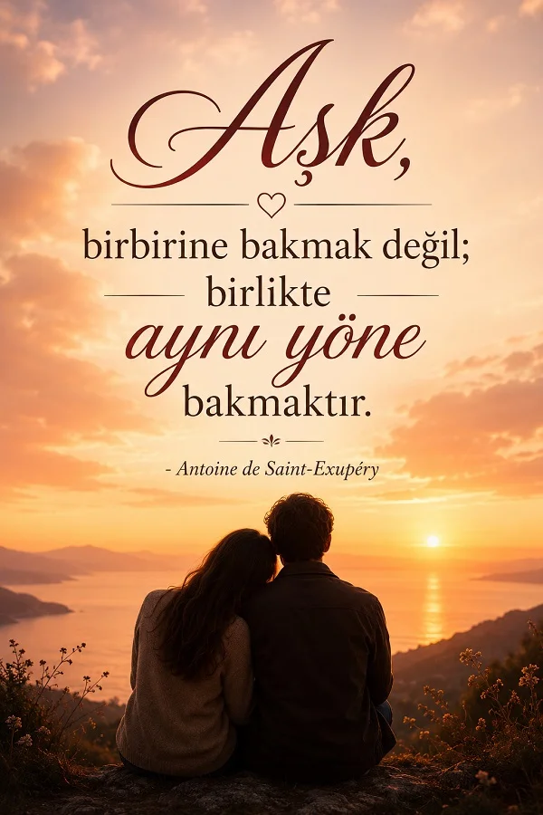 Gün batımında denize bakan bir çiftin üzerinde “Aşk, birbirine bakmak değil; birlikte aynı yöne bakmaktır.” Antoine de Saint-Exupéry sözü yer alıyor.