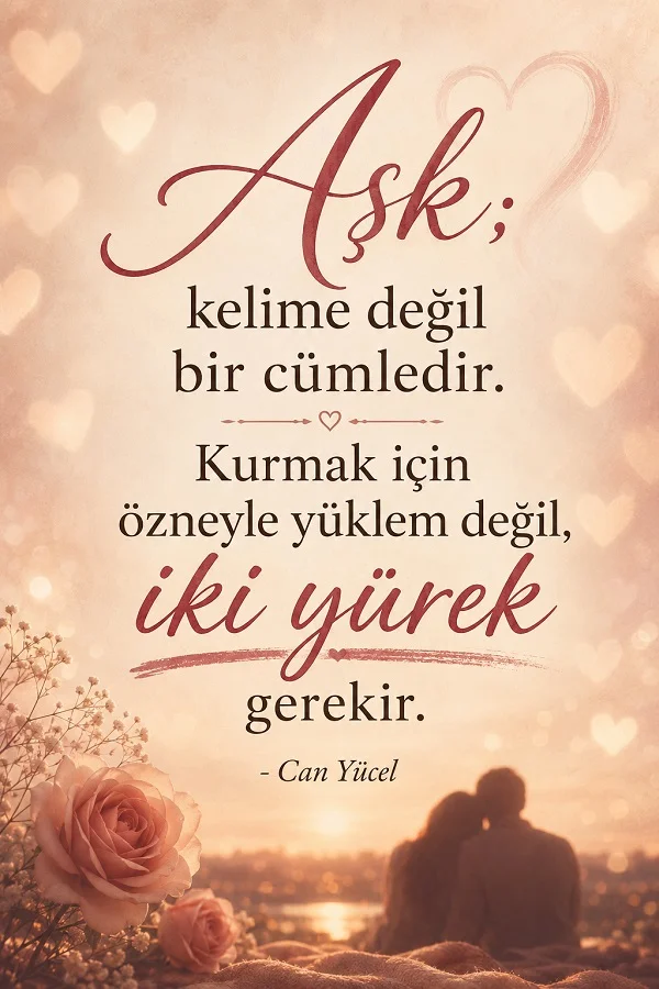 Pembe romantik arka plan üzerinde “Aşk; kelime değil bir cümledir. Kurmak için özneyle yüklem değil, iki yürek gerekir.” Can Yücel sözü yazıyor.