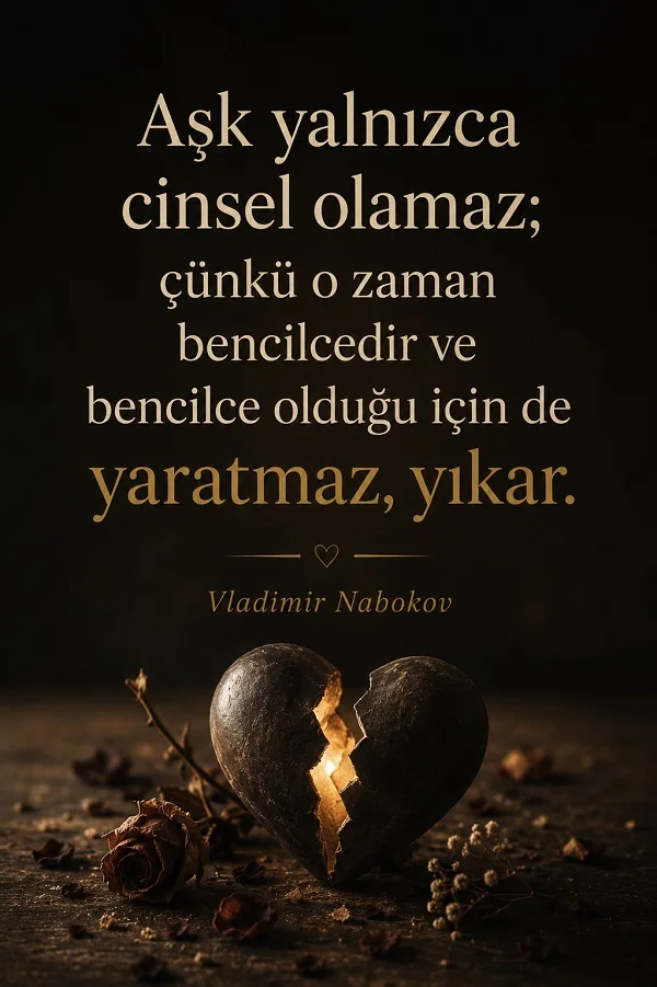 Karanlık arka planda kırık kalp ve solmuş çiçek bulunan görselde “Aşk yalnızca cinsel olamaz; çünkü o zaman bencilcedir ve bencilce olduğu için de yaratmaz, yıkar.” Vladimir Nabokov sözü yer alıyor.