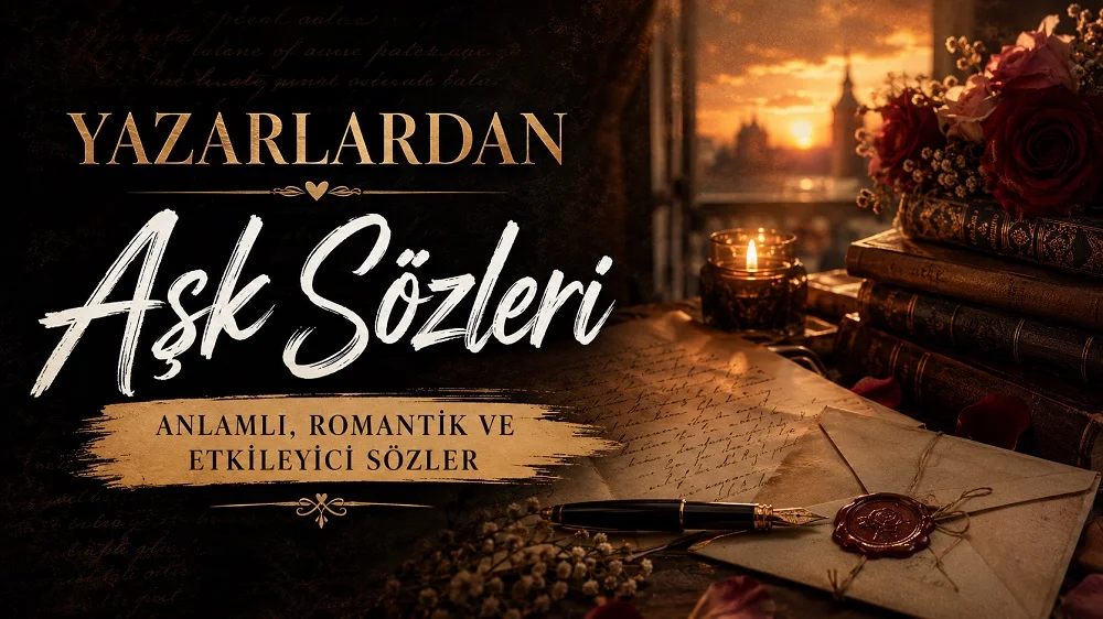 Yazarlardan Aşk Sözleri başlıklı, eski kitaplar, mektup, dolma kalem, mum ışığı ve gül detaylarıyla hazırlanmış romantik kapak görseli.