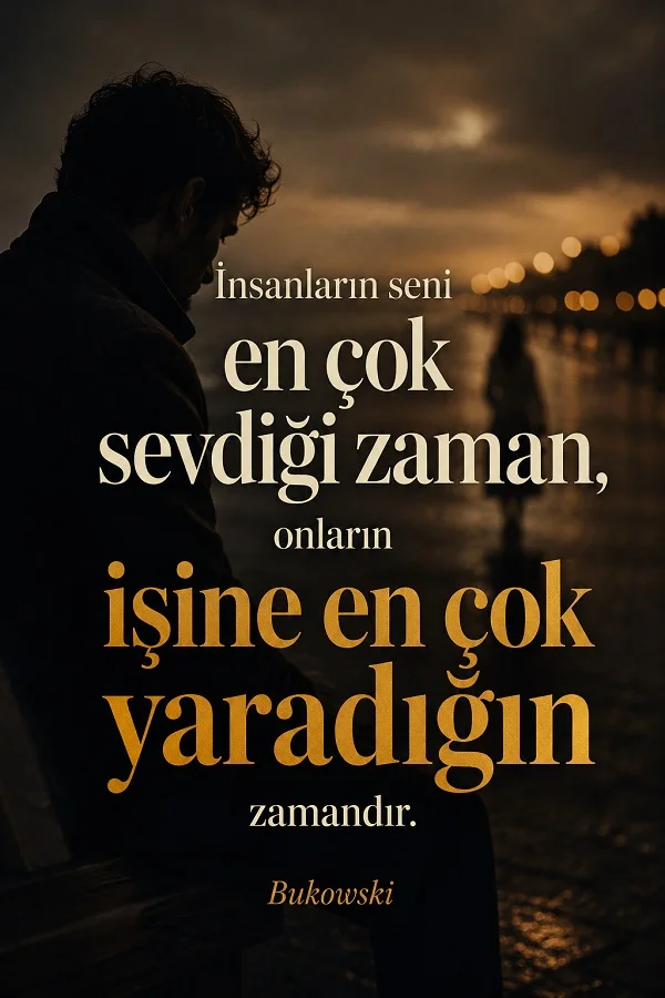 Karanlık ve yağmurlu bir sahnede oturan yalnız bir erkek figürü ön planda, uzakta silüet halinde bir kadın görünürken “İnsanların seni en çok sevdiği zaman, onların işine en çok yaradığın zamandır.” sözü ve Bukowski imzası yer alıyor.