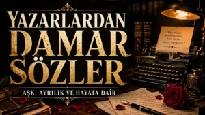 Daktilo, eski kitaplar, mektuplar, kırmızı gül ve loş masa lambası eşliğinde Yazarlardan Damar Sözler başlığıyla hazırlanmış nostaljik edebiyat temalı kapak görseli.