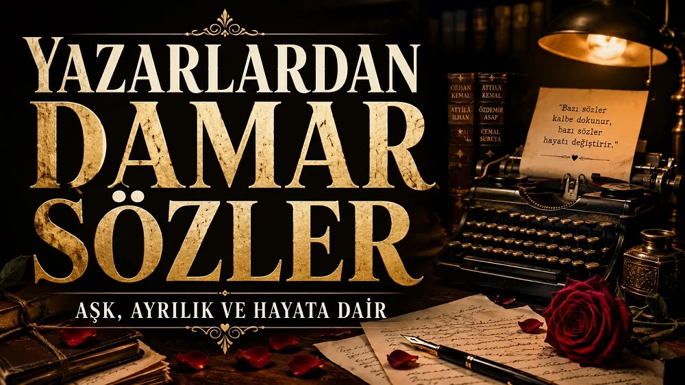 Daktilo, eski kitaplar, mektuplar, kırmızı gül ve loş masa lambası eşliğinde Yazarlardan Damar Sözler başlığıyla hazırlanmış nostaljik edebiyat temalı kapak görseli.
