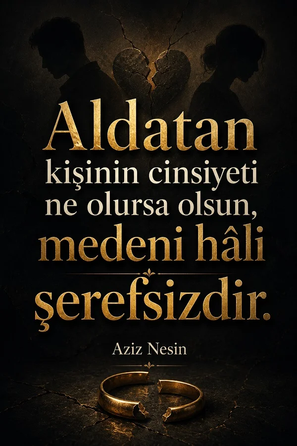 Karanlık fonda birbirine sırtını dönmüş kadın ve erkek silüetleri, kırık kalp ve kırılmış yüzük eşliğinde “Aldatan kişinin cinsiyeti ne olursa olsun, medeni hâli şerefsizdir.” sözü yer alıyor.