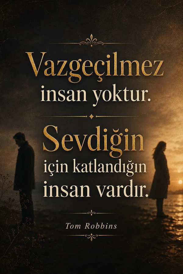 Sahil kıyısında gün batımı önünde birbirinden uzak duran kadın ve erkek silüetlerinin bulunduğu görselde “Vazgeçilmez insan yoktur. Sevdiğin için katlandığın insan vardır.” sözü yazıyor.