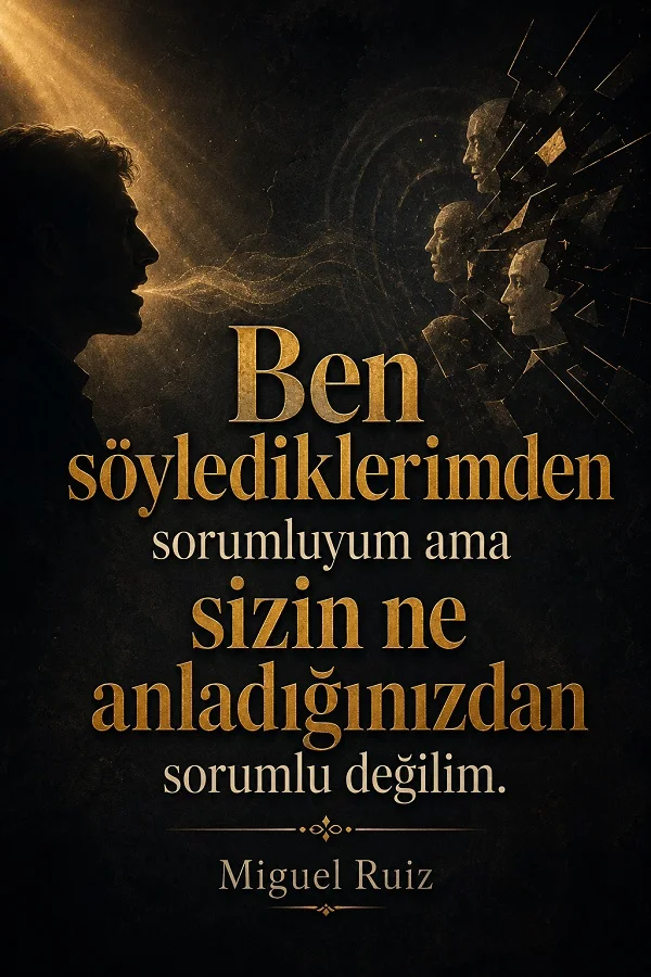 Karanlık fonda konuşan bir erkek silüeti ve karşısında soyut yüz figürleri bulunan görsel üzerinde “Ben söylediklerimden sorumluyum ama sizin ne anladığınızdan sorumlu değilim.” sözü yer alıyor.