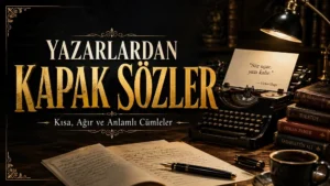 Daktilo, eski kitaplar, masa lambası ve not kâğıdı bulunan nostaljik çalışma masası üzerinde Yazarlardan Kapak Sözler başlığıyla hazırlanmış edebiyat temalı kapak görseli.