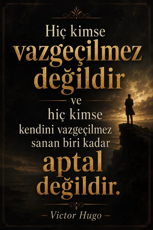 Uçurumun kenarında duran yalnız bir insan silüetinin yer aldığı dramatik görselde “Hiç kimse vazgeçilmez değildir ve hiç kimse kendini vazgeçilmez sanan biri kadar aptal değildir.” sözü bulunuyor.