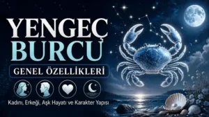 Yengeç Burcu Genel Özellikleri yazılı, dolunaylı gece fonunda parlak yengeç figürü, deniz, kabuklar ve astroloji simgeleri bulunan kapak görseli.