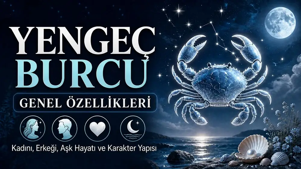 Yengeç Burcu Genel Özellikleri yazılı, dolunaylı gece fonunda parlak yengeç figürü, deniz, kabuklar ve astroloji simgeleri bulunan kapak görseli.