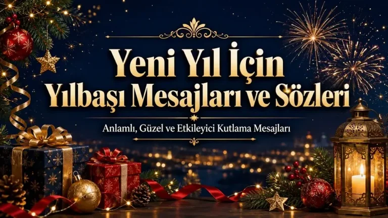 Havai fişekler, hediye kutuları, çam dalları ve fener detaylarıyla süslenmiş, “Yeni Yıl İçin Yılbaşı Mesajları ve Sözleri” başlıklı yılbaşı temalı kapak görseli.