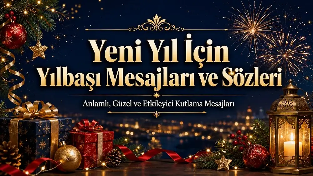 Havai fişekler, hediye kutuları, çam dalları ve fener detaylarıyla süslenmiş, “Yeni Yıl İçin Yılbaşı Mesajları ve Sözleri” başlıklı yılbaşı temalı kapak görseli.