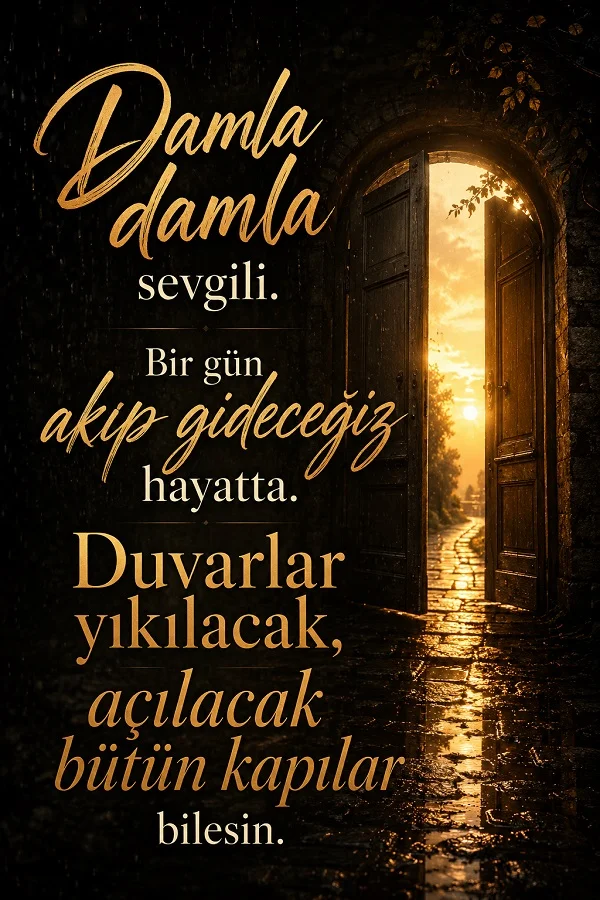 Açık kapılı karanlık geçitte “Damla damla sevgili. Bir gün, akıp gideceğiz hayatta. Duvarlar yıkılacak, açılacak bütün kapılar bilesin.” sözü yer alıyor.