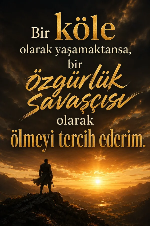 Dağ zirvesinde ufka bakan savaşçı silüeti eşliğinde “Bir köle olarak yaşamaktansa, bir özgürlük savaşçısı olarak ölmeyi tercih ederim.” sözü yer alıyor.