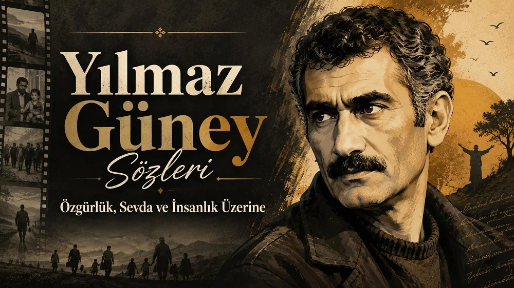 Koyu siyah ve altın tonlarda hazırlanmış, Yılmaz Güney portresi, sinema şeridi ve özgürlük temalı silüetler bulunan “Yılmaz Güney Sözleri: Özgürlük, Sevda ve İnsanlık Üzerine” başlıklı modern kapak görseli.