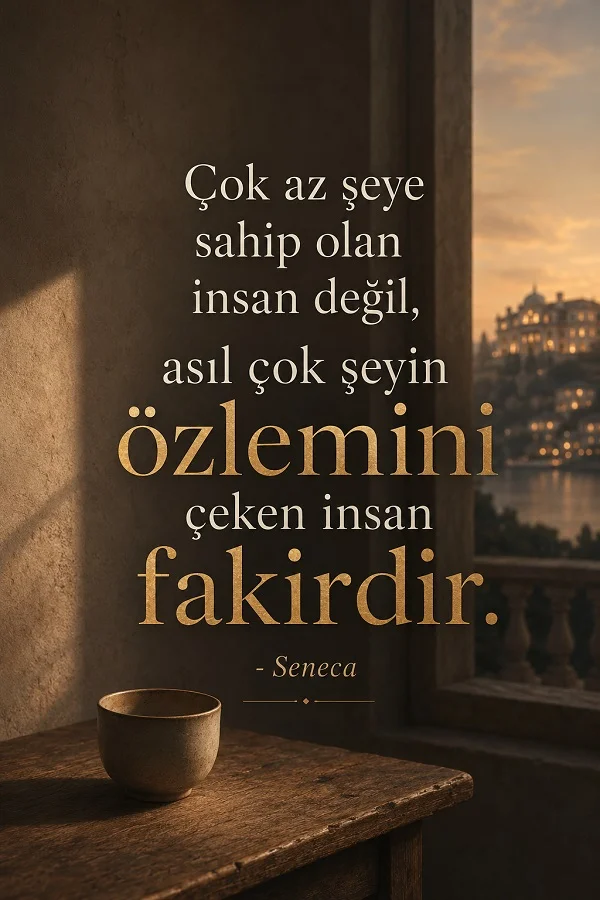 Pencere kenarında fincan bulunan sakin bir iç mekân görselinde “Çok az şeye sahip olan insan değil, asıl çok şeyin özlemini çeken insan fakirdir.” sözü ve Seneca imzası yer alıyor.