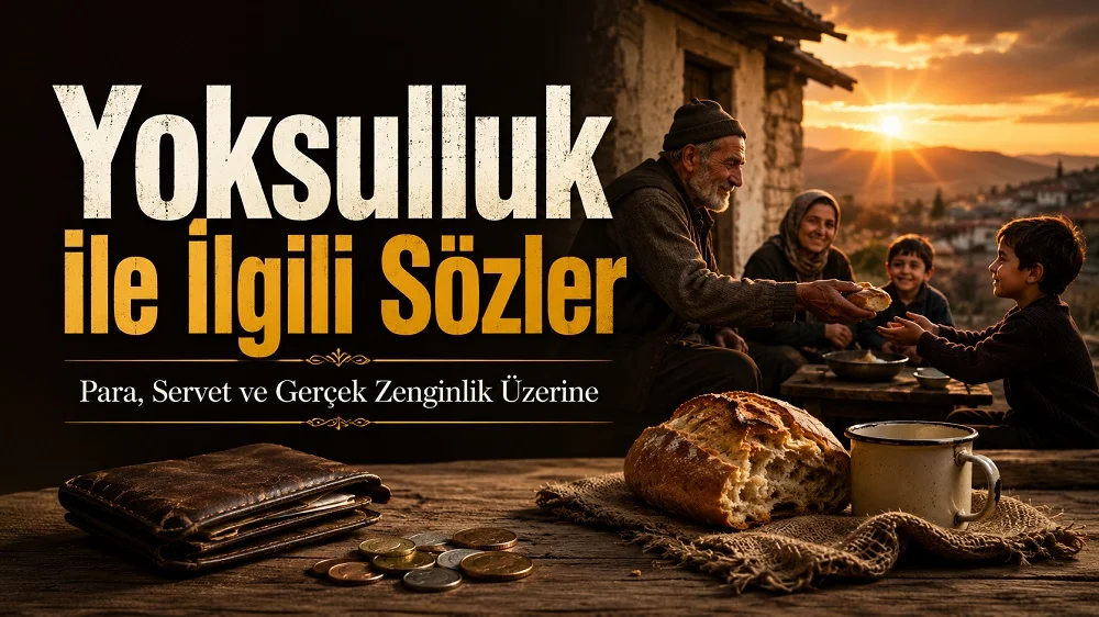 Gün batımı tonlarında hazırlanmış kapak görselinde, yoksulluk ve paylaşma temasını yansıtan aile, ekmek, eski cüzdan, madeni paralar ve “Yoksulluk ile İlgili Sözler” başlığı yer alıyor.