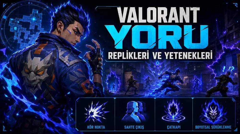 Valorant Yoru replikleri ve yetenekleri başlıklı kapak görselinde, mavi boyut enerjisiyle çevrili Yoru karakteri karanlık bir savaş alanında gösteriliyor ve altta yetenek ikonları yer alıyor.