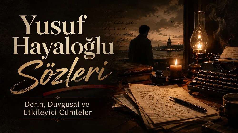 Yusuf Hayaloğlu Sözleri başlıklı, eski daktilo, el yazısı kâğıtlar, mum ışığı ve İstanbul manzarasıyla hazırlanmış duygusal kapak görseli.