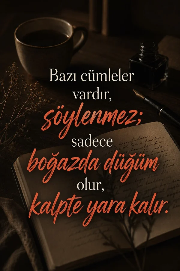 Koyu tonlarda masa, fincan, dolma kalem ve açık defter fonunda “Bazı cümleler vardır, söylenmez; sadece boğazda düğüm olur, kalpte yara kalır” yazılı anlamlı söz görseli.