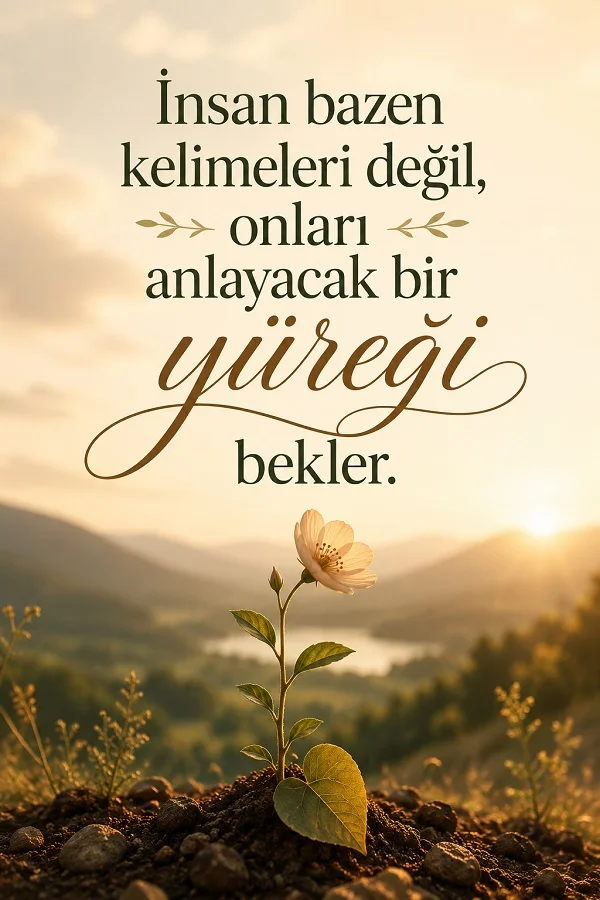 Dağ ve vadi manzarası önünde açmış bir çiçek eşliğinde “İnsan bazen kelimeleri değil, onları anlayacak bir yüreği bekler” yazılı duygusal söz görseli.