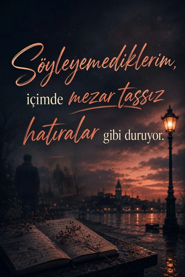 Gün batımında deniz kıyısında açık defter ve sokak lambası fonunda “Söyleyemediklerim, içimde mezar taşsız hatıralar gibi duruyor” yazılı duygusal söz tasarımı.