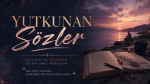 Gün batımı, deniz manzarası, defter ve mektup detaylarıyla hazırlanmış hüzünlü “Yutkunan Sözler” kapak görseli.