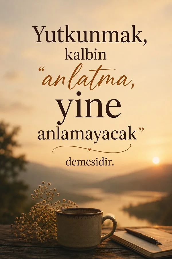 Göl manzaralı gün batımı fonunda fincan ve defter eşliğinde “Yutkunmak, kalbin ‘anlatma, yine anlamayacak’ demesidir” yazılı anlamlı söz görseli.