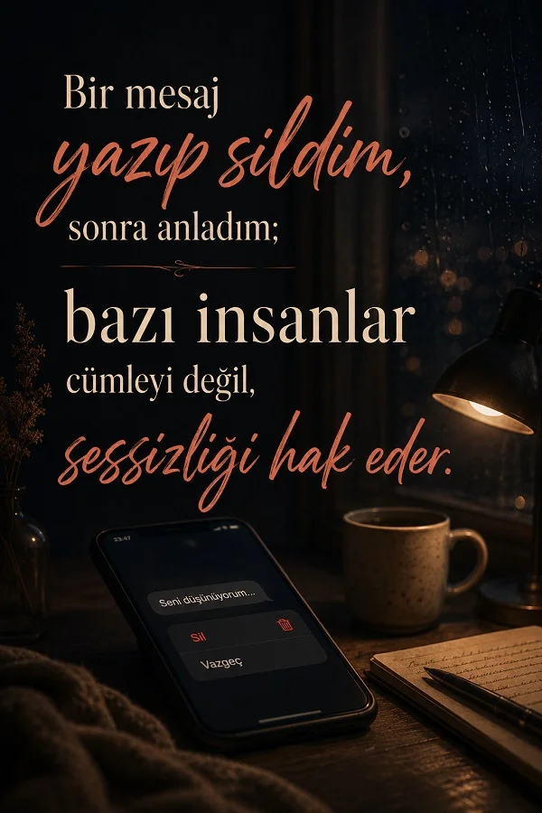 Karanlık masa üzerinde telefon, fincan ve defter fonunda “Bir mesaj yazıp sildim, sonra anladım; bazı insanlar cümleyi değil, sessizliği hak eder” yazılı söz görseli.