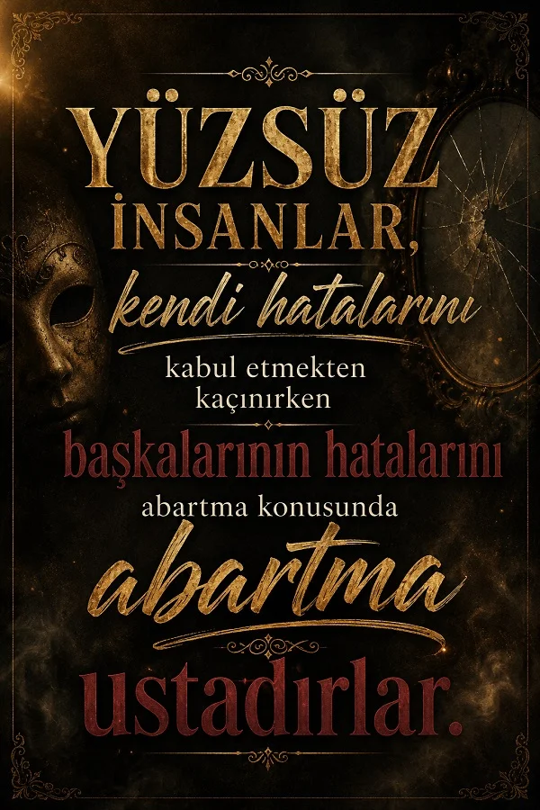 Koyu tonlarda hazırlanan, maske ve çatlamış ayna detaylı görselde yüzsüz insanların kendi hatalarını kabul etmeyip başkalarının hatalarını abarttığını anlatan söz bulunuyor.