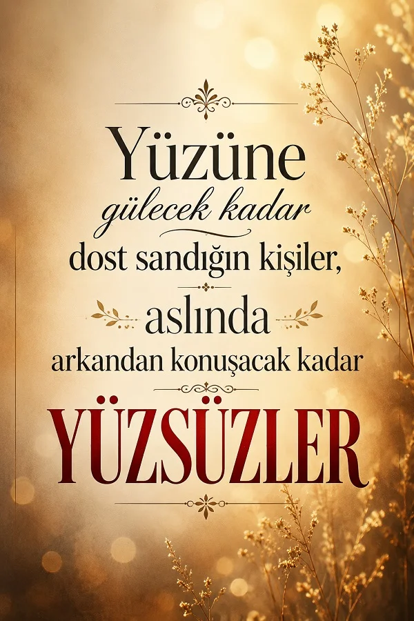Açık bej ve altın tonlardaki çiçekli arka planda, yüzüne gülen ama arkandan konuşan kişilerin aslında yüzsüz olduğunu anlatan söz yer alıyor.