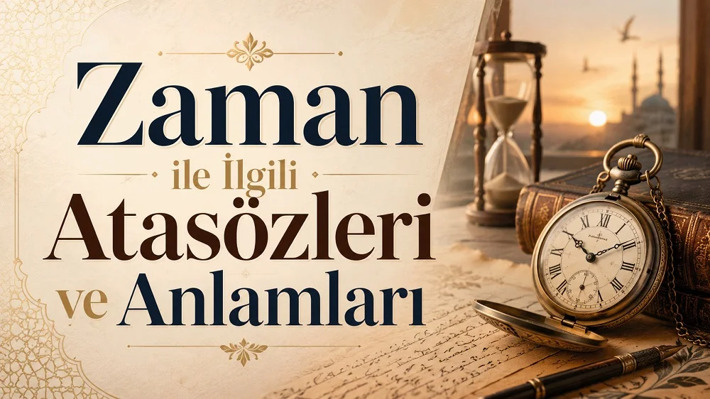 Kum saati, cep saati, eski kitaplar ve zarif tipografiyle hazırlanmış “Zaman ile İlgili Atasözleri ve Anlamları” başlıklı modern kapak görseli.