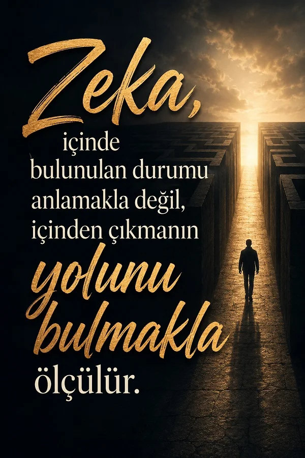 Karanlık bir labirentin içinden ışığa doğru yürüyen bir insan silueti ve yanında “Zeka, içinde bulunulan durumu anlamakla değil, içinden çıkmanın yolunu bulmakla ölçülür.” sözü yer alıyor.