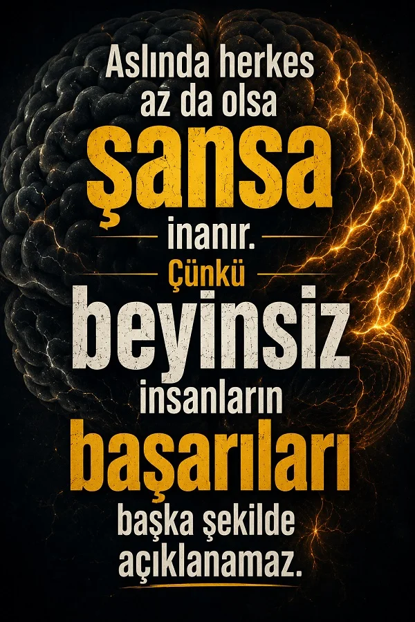 Karanlık arka plan üzerinde ışıklı bir beyin görseli ve büyük harflerle “Aslında herkes az da olsa şansa inanır. Çünkü beyinsiz insanların başarıları başka şekilde açıklanamaz.” yazısı bulunuyor.