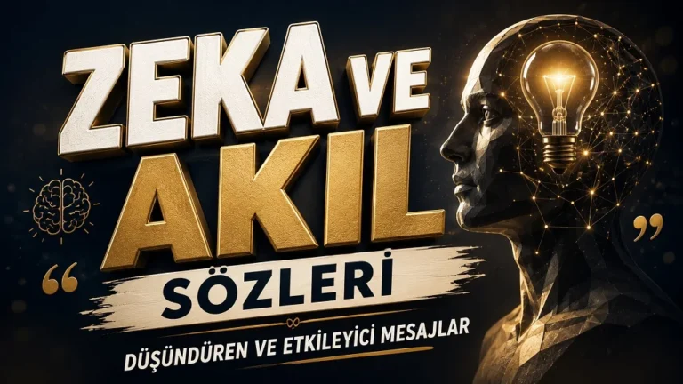 Koyu arka plan üzerinde ışıklı zihin ve ampul figürü, altın renkli büyük tipografiyle hazırlanmış “Zeka ve Akıl Sözleri: Düşündüren ve Etkileyici Mesajlar” başlıklı modern kapak görseli.