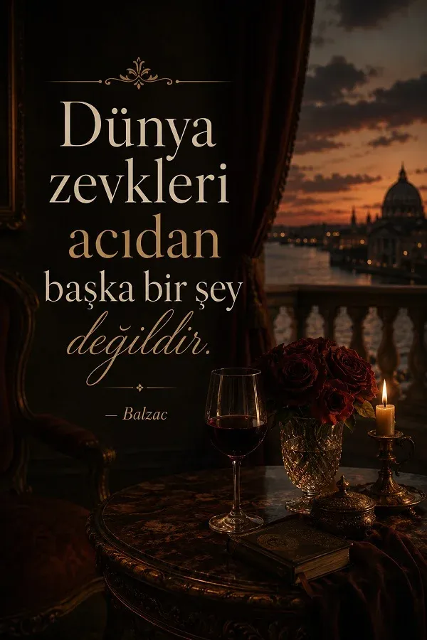 Mum ışığında masa ve anlamlı zevk sözü bulunan karanlık atmosferli görsel