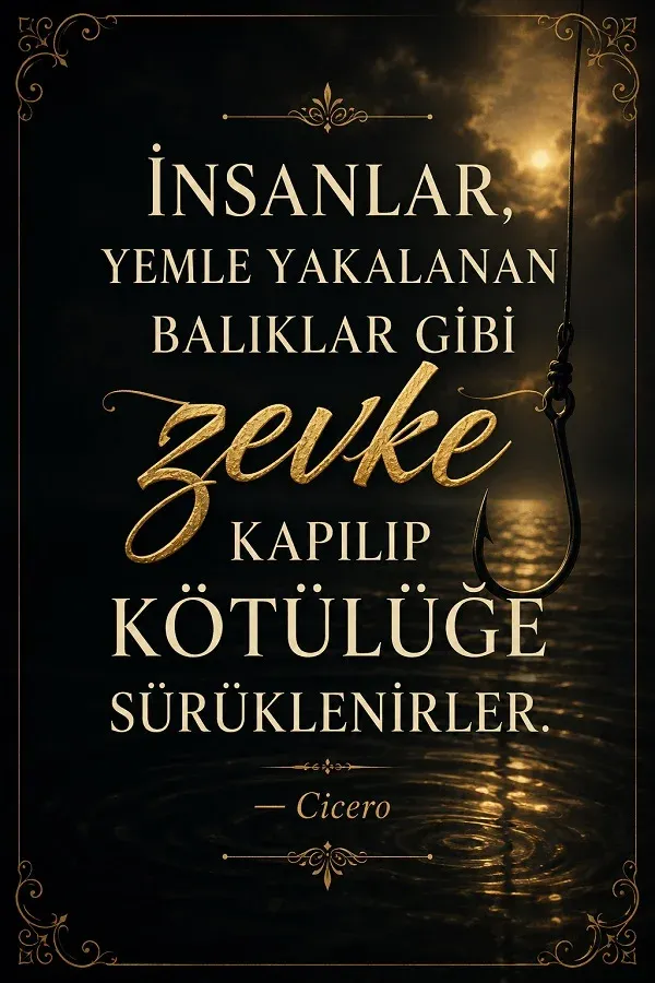 Balık oltası ve karanlık atmosfer eşliğinde zevkin zararlarını anlatan söz görseli