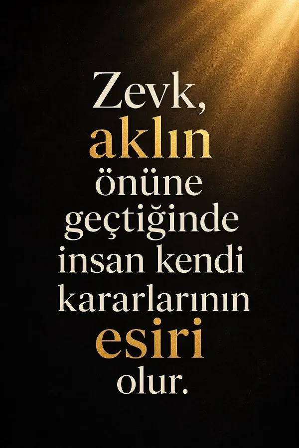 Siyah arka plan üzerinde zevk ve akıl ilişkisini anlatan etkileyici söz görseli