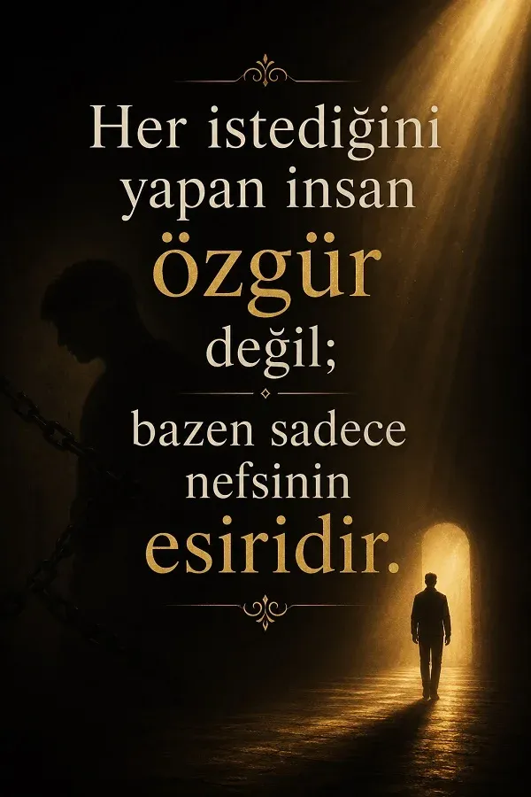 Karanlık tünelde yürüyen insan silüeti ve nefis üzerine anlamlı söz görseli
